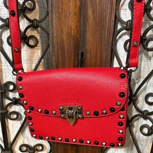 Mersi Vibrant Red Leather Crossbody with Black Studs